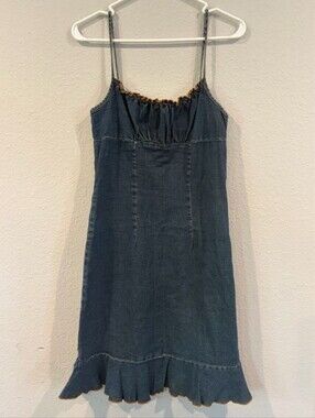 Emergency Exit Juniors Vintage Y2K Blue Denim Brown Stitch Mini Ruffle Dress 5